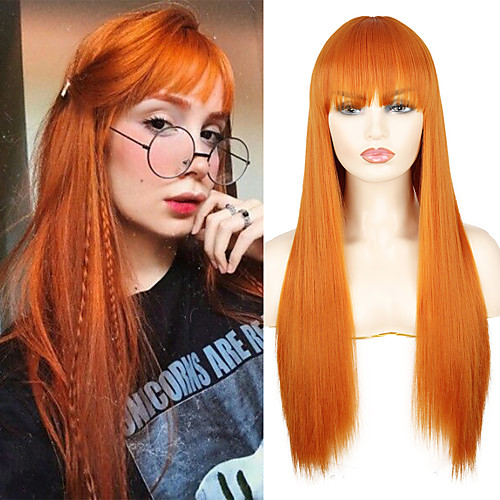

Long Straight Synthetic Wigs Orange Color Women cosplays Wig 30 Inches Central Part Hair Silver Grey White Red Colour