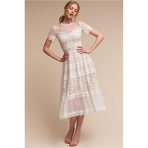 

A-Line Vintage Boho Holiday Cocktail Party Dress Illusion Neck Short Sleeve Tea Length Lace with Pleats Overskirt 2021