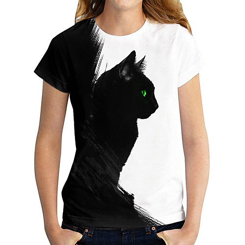 

Women's T shirt Cat Graphic 3D Print Round Neck Tops Basic Basic Top Black