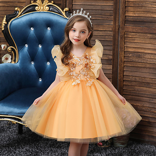 

Princess / Ball Gown V Neck Knee Length Tulle Junior Bridesmaid Dress with Sash / Ribbon / Ruffles / Appliques