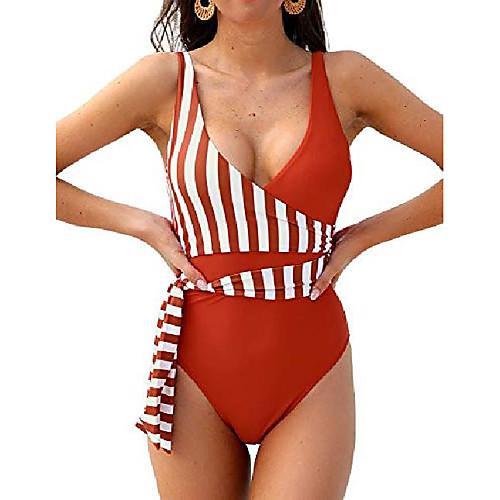 

blooming jelly womens vintage one piece swimsuits wrap front tie knot bathing suits color block swimwear (small, orange)