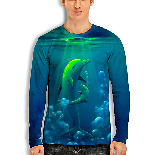 

Men's T shirt 3D Print Graphic Prints Fish Animal 3D Print Long Sleeve Daily Tops Basic Casual Hawaiian Blue