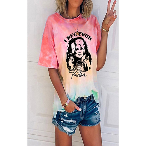

Women's T shirt Tie Dye Portrait Round Neck Tops Basic Basic Top Blue Purple Blushing Pink