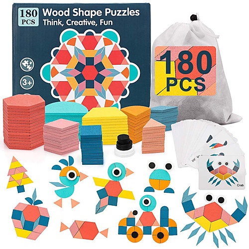 

180Pcs Wooden Pattern Blocks for Kids Shape Puzzle Pattern Play Tangram Puzzles for Kids Ages 4-8 Geometric Shapes for Kids Preshool Kindergarten Montessori Toys with 24 Pcs Design Cards