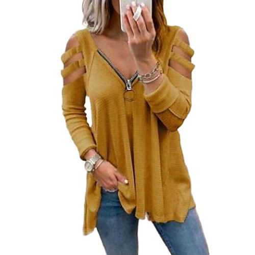

wish aliexpress ebay 2021 spring new long-sleeved sexy low-cut zipper solid color shoulder strap long-sleeved t-shirt