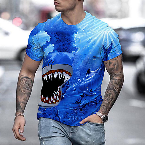 

Men's Tees T shirt 3D Print Graphic Prints Shark Animal Print Short Sleeve Daily Tops Casual Designer Big and Tall Blue