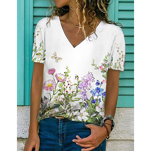 

Women's T shirt Graphic Floral Print V Neck Tops Basic Basic Top White