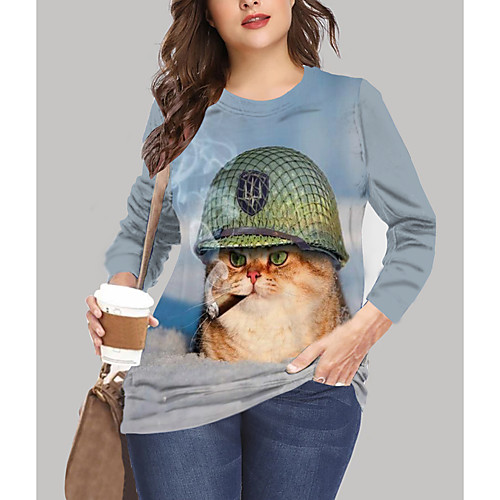 

Women's Plus Size Print Cat Graphic Animal T shirt Large Size Crewneck Long Sleeve Tops XL XXL 3XL White LightBlue Big Size