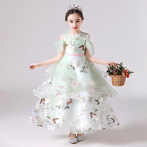 

Princess / Ball Gown Floor Length Wedding / Formal Evening Flower Girl Dresses - Tulle Short Sleeve Jewel Neck with Pendant / Ruffles / Tier