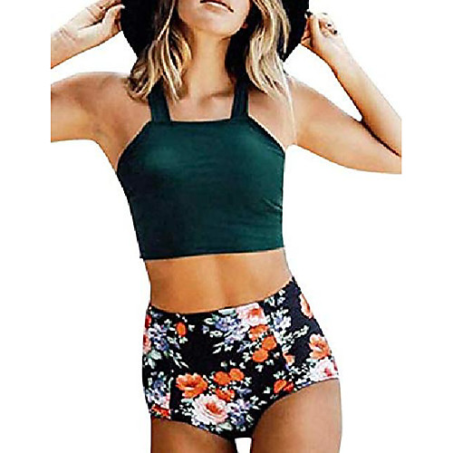 

women high waisted bikini set floral printed crop knot front two piece swimsuit (large, z4-stripe)