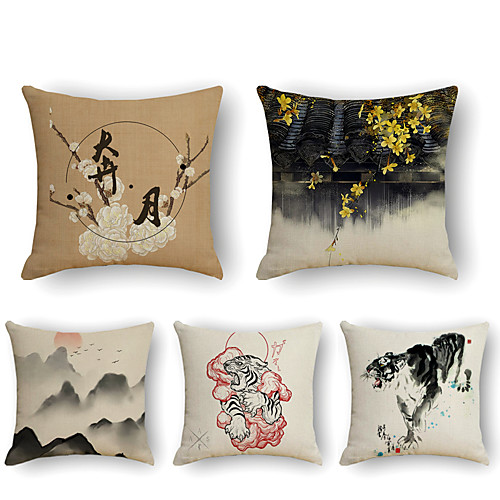 

Cushion Cover 5PCS Linen Soft Print Square Throw Pillow Cover Cushion Case Pillowcase for Sofa Bedroom 45 x 45 cm (18 x 18 Inch) Superior Quality Mashine Washable