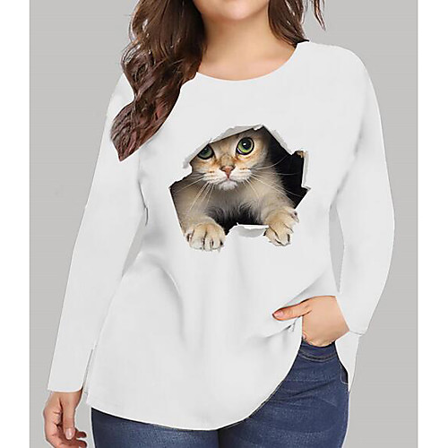 

Women's Plus Size Print Striped Cat Graphic T shirt Large Size Round Neck Long Sleeve Tops Big Size