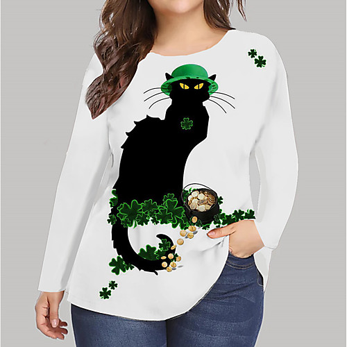 

Women's Plus Size Print Cat Graphic Leaf T shirt Large Size Round Neck Long Sleeve Tops Big Size