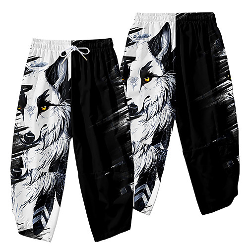 

Men's Casual / Sporty Athleisure Daily Sports Wide Leg Pants Wolf Full Length Elastic Waist 3D Print Black / White