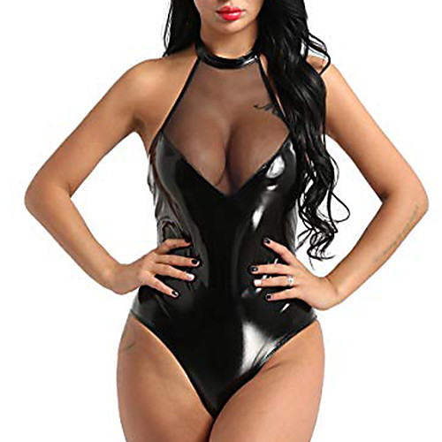 

womens wetlook pvc leather halter neck swimsuit sheer mesh splice bodycon high cut leotard black large