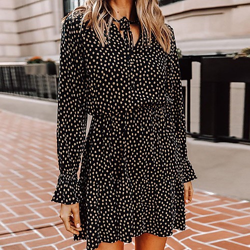 

Women's A Line Dress Short Mini Dress Black Long Sleeve Polka Dot Print Fall Spring V Neck Elegant 2021 S M L XL