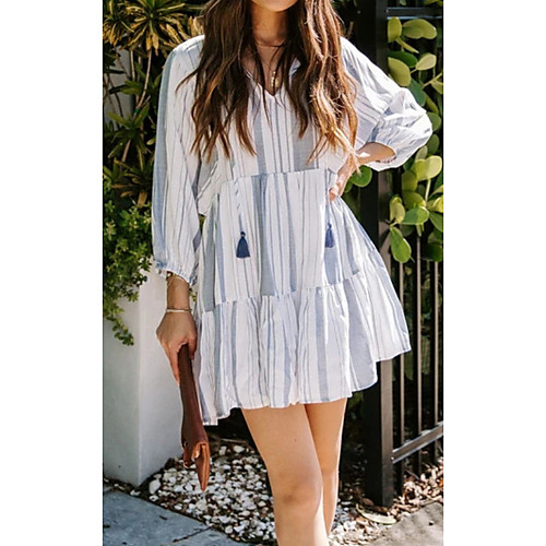 

Women's A Line Dress Short Mini Dress Stripes 1 Long Sleeve Striped Print Summer V Neck Casual 2021 S M L XL