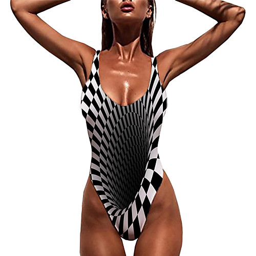 

Women's One Piece Monokini Swimsuit Print Geometric 3D Black Swimwear Bodysuit Strap Bathing Suits New Sexy