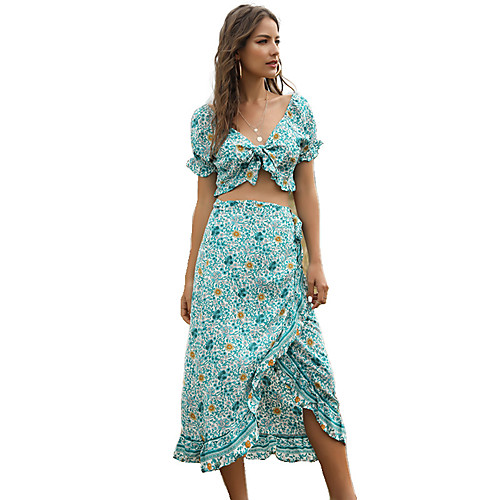 

Women's Streetwear Boho Floral Daily Two Piece Set Crop Shirred Cami Top Skirt Ruffle Print Tops