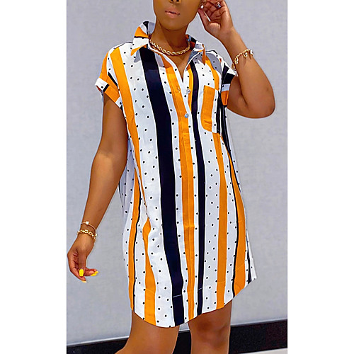 

Women's Shirt Dress Knee Length Dress orange Striped black Striped navy blue Striped light blue Blue Short Sleeve Polka Dot Striped Pocket Summer Shirt Collar Casual Cap Sleeve 2021 S M L XL XXL