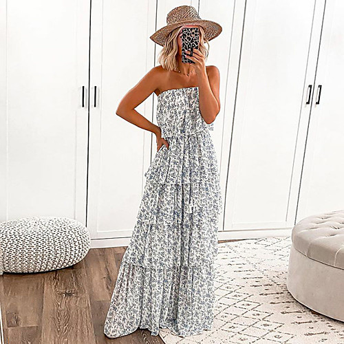 

Women's Chiffon Dress Maxi long Dress Gray Sleeveless Color Gradient Layered Print Spring Summer Strapless cold shoulder Casual Sexy 2021 S M L XL