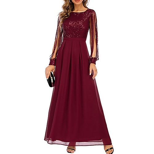 

Women's A Line Dress Maxi long Dress Wine Long Sleeve Solid Color Color Block Patchwork Summer Round Neck Casual 2021 S M L XL