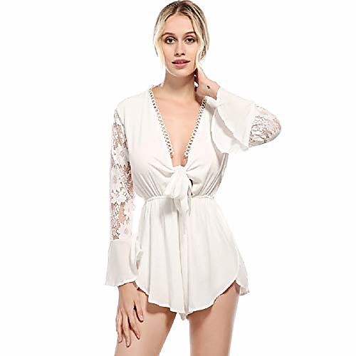 

women's v-neck flared lace long sleeve elastic waist front knot jumpsuits sexy short jumpsuits, rompers (white, large)