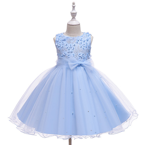 

Ball Gown Knee Length Wedding / Event / Party Flower Girl Dresses - Tulle / Polyester Sleeveless Jewel Neck with Faux Pearl / Bow(s) / Ruching