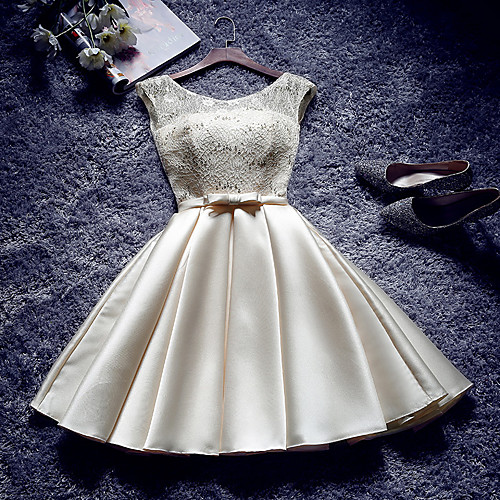 

A-Line Jewel Neck Knee Length Satin Bridesmaid Dress with Bow(s) / Appliques