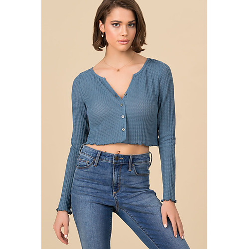 

Women's Blouse Plain Long Sleeve Button V Neck Tops Casual Basic Top Blue / Crop