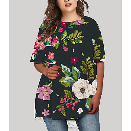 

Women's Plus Size Graphic Color Block Floral Print Casual Half Sleeve Fall Short Mini Dress T Shirt Dress Tee Dress Green Light Green