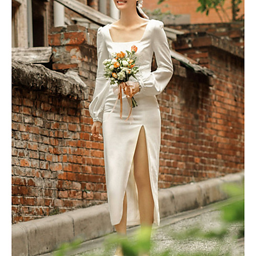 

Sheath / Column Wedding Dresses Square Neck Tea Length Satin Long Sleeve Simple Vintage Little White Dress 1950s with Split Front 2021