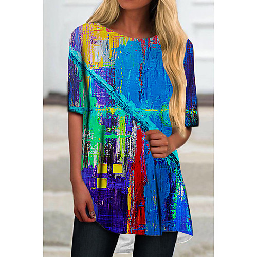 

Women's T Shirt Dress Tee Dress Short Mini Dress Blue Red Yellow Fuchsia Green Navy Blue Half Sleeve Color Block Geometric Print Spring Summer Round Neck Casual 2021 S M L XL XXL 3XL