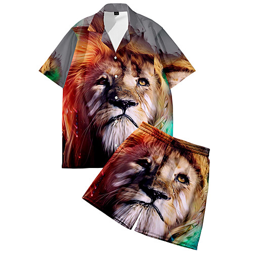 

Men's Shirt Suits 3D Print Lion Animal Button-Down 3D Print Short Sleeve Street Tops Fashion Classic Breathable Comfortable Rainbow