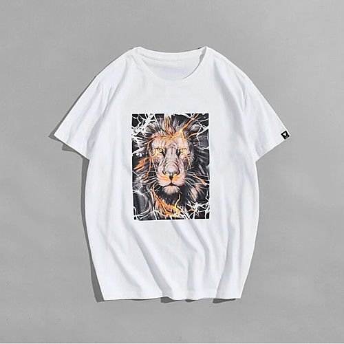 

Men's T shirt Hot Stamping Lion Animal Print Short Sleeve Casual Tops 100% Cotton Basic Casual Fashion White