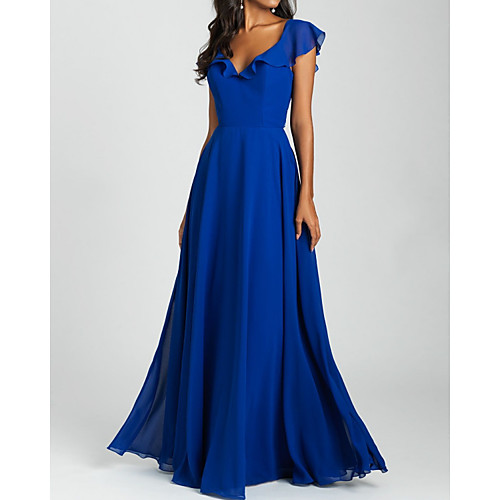 

A-Line V Neck Floor Length Chiffon Bridesmaid Dress with Pleats / Ruffles
