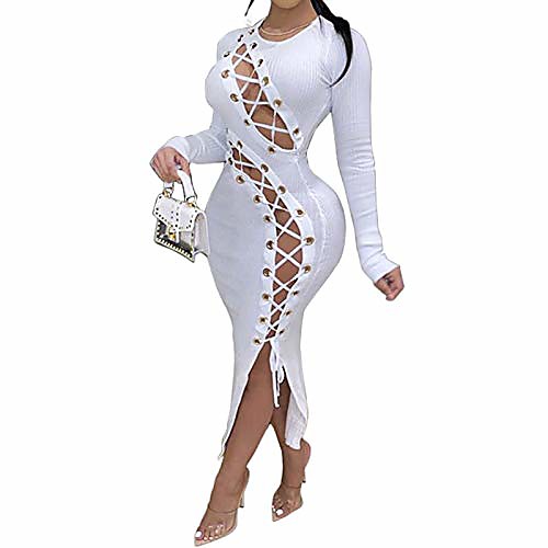 

sedrinuo women sexy lace up long sleeve club outfits ribbed bodycon hollow out long dress white
