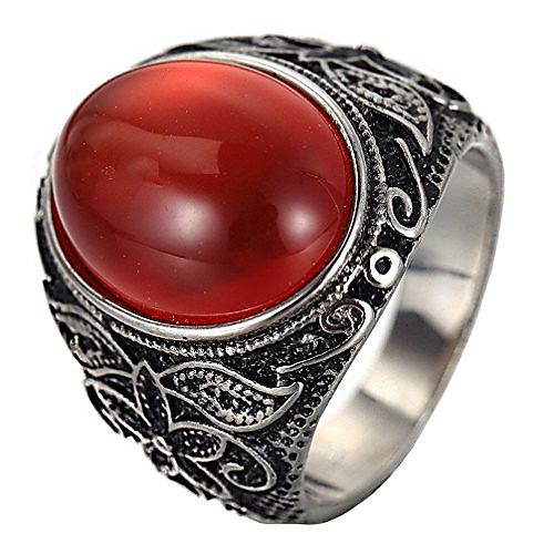 

men's stainless steel oval gemstone ring vintage flower carved wedding band silver black red size 8