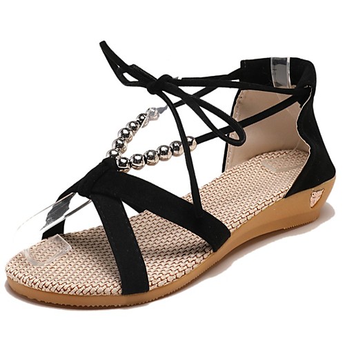 

Women's Sandals Boho Bohemia Beach Wedge Heel Peep Toe Flat Sandals Casual Daily Walking Shoes Faux Leather Solid Colored Black Beige