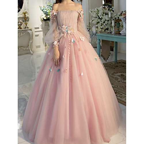 

Ball Gown Elegant Floral Quinceanera Prom Dress Off Shoulder Long Sleeve Floor Length Tulle with Pleats Appliques 2021
