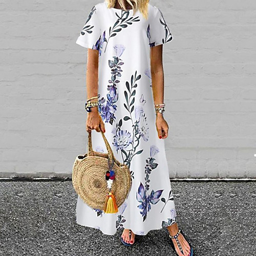 

Women's A Line Dress Maxi long Dress White Blue Yellow Short Sleeve Floral Tie Dye Print Summer Round Neck Elegant Vintage 2021 S M L XL XXL 3XL 4XL 5XL