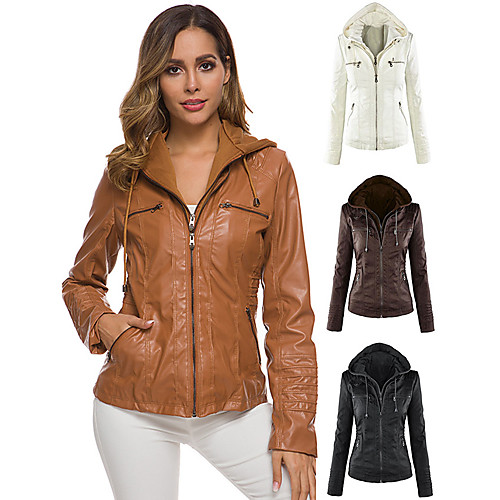 

Women's Solid Colored Fall & Winter Jacket Regular Daily Long Sleeve Faux Leather Coat Tops Black