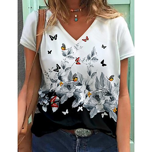 

Women's T shirt Floral Graphic Butterfly Print V Neck Tops Basic Basic Top White