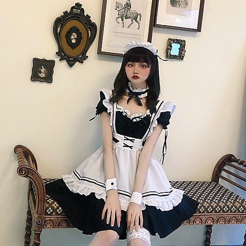 

Lolita Maid Uniforms Cute Dress Maid Suits Women's Japanese Cosplay Costumes Black Solid Colored Short Sleeve Above Knee / Apron