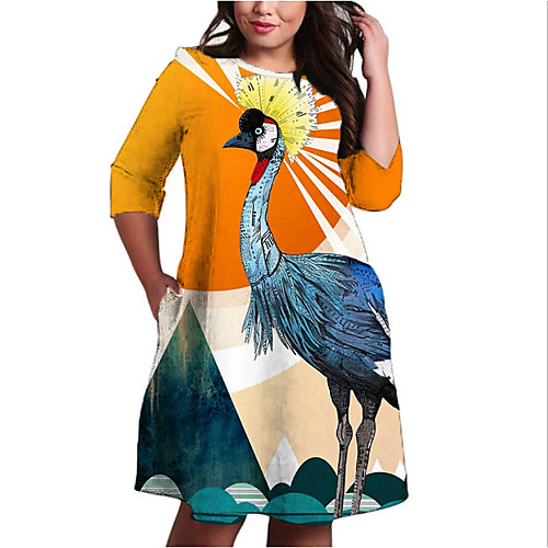 

Women's Plus Size Color Block Animal Print Casual 3/4 Length Sleeve Fall Knee Length Dress Shift Dress Orange