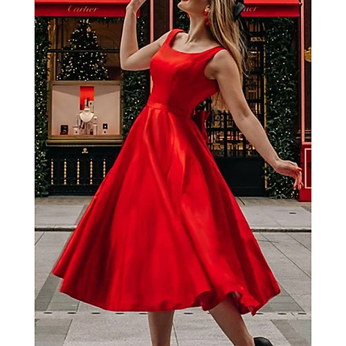 

A-Line Beautiful Back Sexy Homecoming Cocktail Party Dress Scoop Neck Sleeveless Knee Length Satin with Bow(s) Pleats 2021