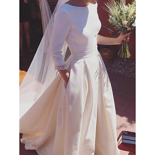 

A-Line Wedding Dresses Jewel Neck Court Train Satin 3/4 Length Sleeve Simple Vintage with Pleats 2021