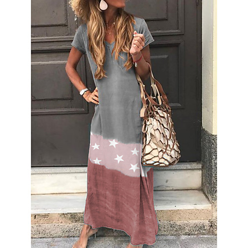 

Women's A Line Dress Maxi long Dress Blue Red Green Brown Short Sleeve Print Print Summer V Neck Casual Cotton 2021 S M L XL XXL 3XL