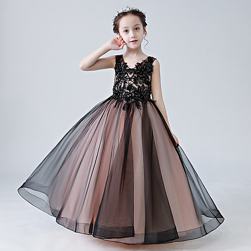 

Princess / Ball Gown V Neck Floor Length Tulle Junior Bridesmaid Dress with Buttons / Pleats / Appliques