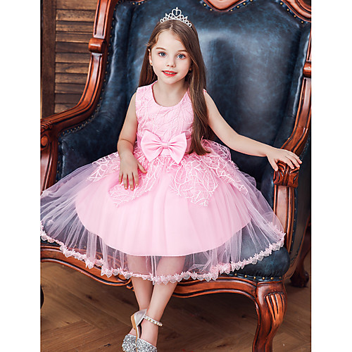 

Princess / Ball Gown Tea Length Wedding / Party Flower Girl Dresses - Tulle Sleeveless Jewel Neck with Lace / Bow(s)
